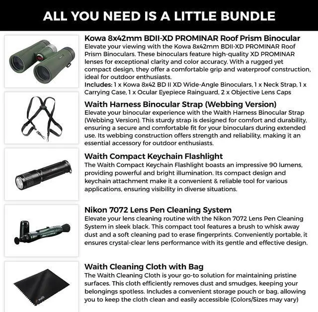 Alt view image 2 of 7 - Kowa BD II XD 8x42mm PROMINAR Roof Prism Binocular with Waith Harness Webbing Strap, Waith Compact Keychain Flashlight, Nikon Lens Pen Cleaning System and Waith Cleaning Cloth (Essential Bundle)