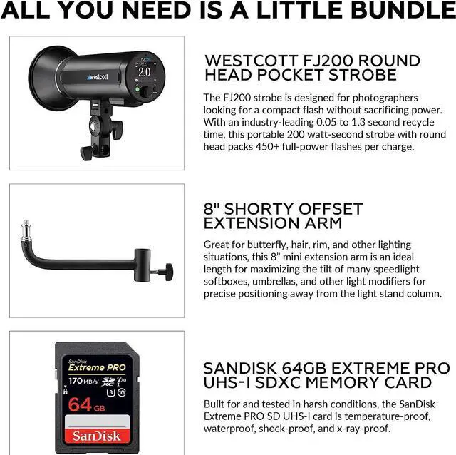 Alt view image 2 of 5 - Westcott FJ200 200W Strobe with AC/DC Lithium Polymer Battery  | 8" Extension Arm & 64GB SDXC Memory Card Bundle