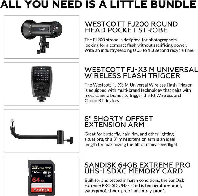 Alt view image 2 of 5 - Westcott FJ200 200W Strobe with AC/DC Lithium Polymer Battery | FJ-X2m Wireless Flash Trigger, 8" Extension Arm & 64GB SDXC Memory Card Bundle