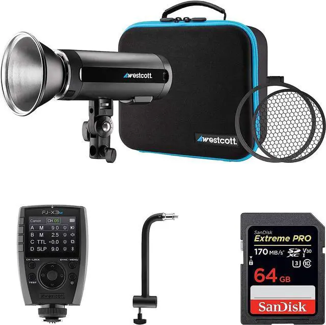 Alt view image 5 of 5 - Westcott FJ200 200W Strobe with AC/DC Lithium Polymer Battery | FJ-X2m Wireless Flash Trigger, 8" Extension Arm & 64GB SDXC Memory Card Bundle