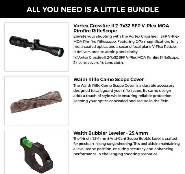 Alt view image 2 of 7 - Vortex Optics Crossfire II 2-7x32 Rimfire SFP RifleScope| V-Plex MOA Reticle with Waith RifleScope Cover (Camo) and Waith 25.4mm Riflescope Bubble Leveler (Essential Bundle Set)