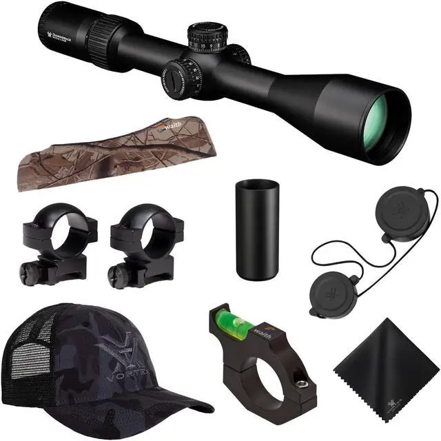 Main image of Vortex Optics Diamondback Tactical 6-24x50 FFP EBR-2C MOA RifleScope with Vortex Hunter 1" Riflescope Rings, Logo Hat Black Camo, Waith 30mm Riflescope Bubble Leveler and Rifle Scope Cover Bundle Set