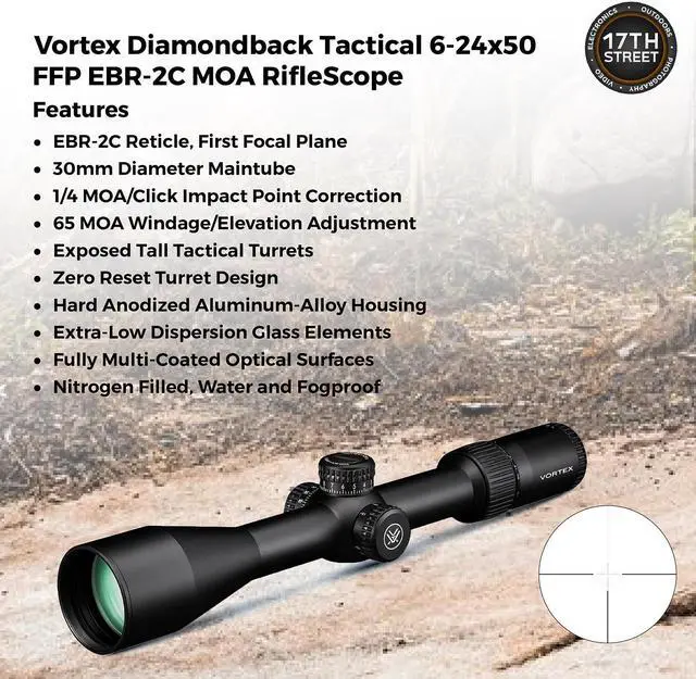 Alt view image 4 of 7 - Vortex Optics Diamondback Tactical 6-24x50 FFP EBR-2C MOA RifleScope with Vortex Hunter 1" Riflescope Rings, Logo Hat Black Camo, Waith 30mm Riflescope Bubble Leveler and Rifle Scope Cover Bundle Set