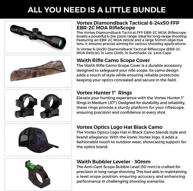 Alt view image 2 of 7 - Vortex Optics Diamondback Tactical 6-24x50 FFP EBR-2C MOA RifleScope with Vortex Hunter 1" Riflescope Rings, Logo Hat Black Camo, Waith 30mm Riflescope Bubble Leveler and Rifle Scope Cover Bundle Set