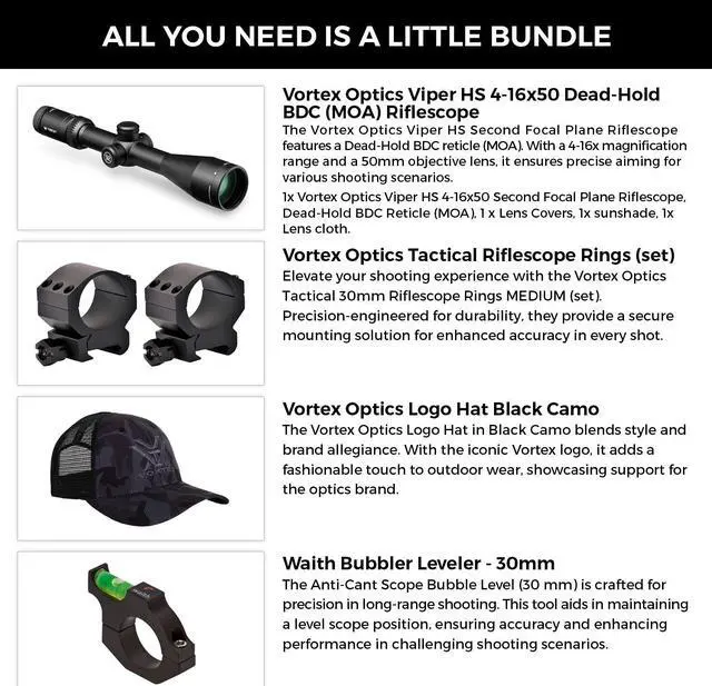 Alt view image 2 of 7 - Vortex Optics Viper HS 4-16x50 SFP Dead-Hold BDC MOA Riflescope with Vortex Optics 30mm Tactical Rings (Medium), Vortex Logo Hat Camo Black and Waith 30mm Riflescope Bubble Leveler (Bundle Set)