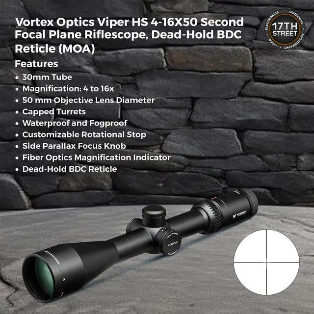 Alt view image 4 of 7 - Vortex Optics Viper HS 4-16x50 SFP Dead-Hold BDC MOA Riflescope with Vortex Optics 30mm Tactical Rings (Medium), Vortex Logo Hat Camo Black and Waith 30mm Riflescope Bubble Leveler (Bundle Set)
