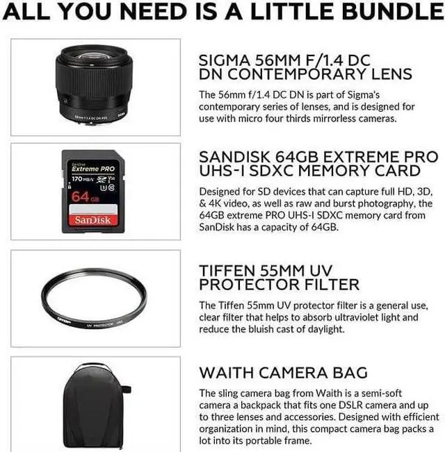 Alt view image 2 of 5 - Sigma 56mm f/1.4 DC DN Contemporary Lens for Micro Four Thirds | Rounded 9-Blade Diaphragm with Weather-Seal, Tiffen 55mm UV Protector Filter, 64GB Extreme PRO Memory Card, and Waith Camera Bag