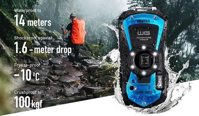 Main image of PENTAX WG-90 Blue Waterproof Camera, Shockproof, Dustproof, Freezeproof, Built-in 6-LED Ring Light for Macro Photography