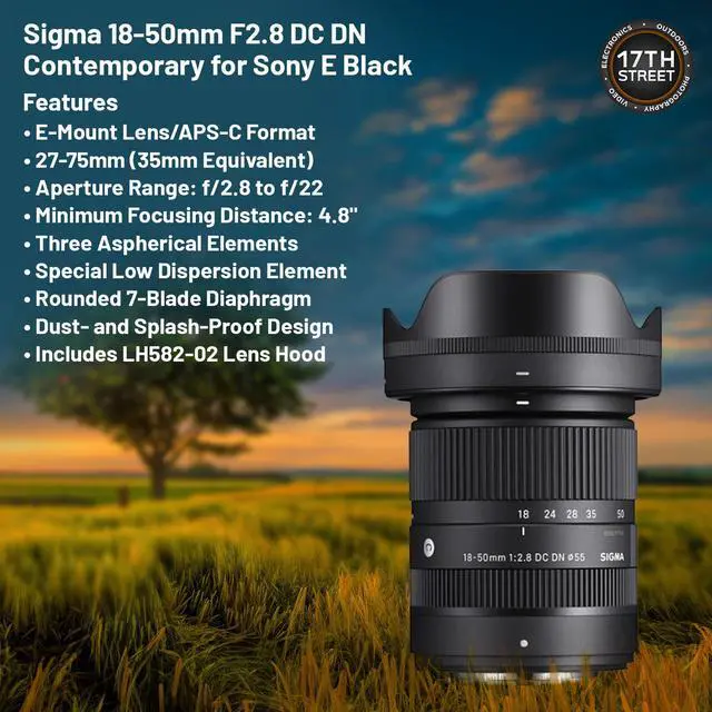 Alt view image 5 of 7 - Sigma 18-50mm F2.8 DC DN Contemporary Lens for Sony E| A Large F2.8 Aperture Zoom Lens with Tiffen 55mm UV Protector Filter, SanDisk 128GB Extreme PRO UHS-I SDXC Memory Card, and Waith Camera Backpack