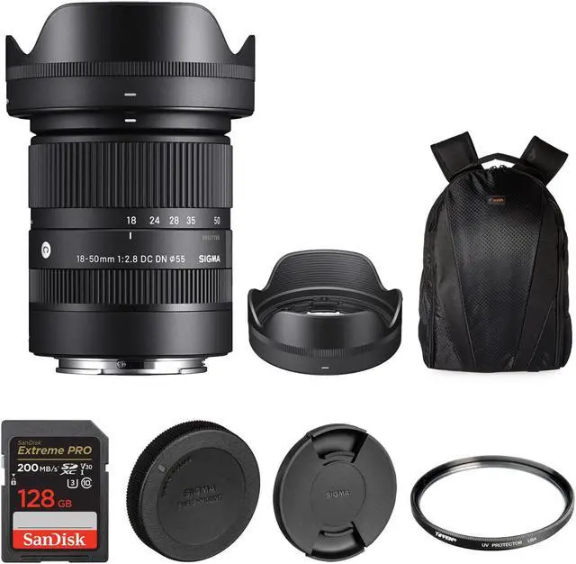 Main image of Sigma 18-50mm F2.8 DC DN Contemporary Lens for Sony E| A Large F2.8 Aperture Zoom Lens with Tiffen 55mm UV Protector Filter, SanDisk 128GB Extreme PRO UHS-I SDXC Memory Card, and Waith Camera Backpack