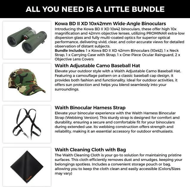 Alt view image 2 of 6 - Kowa BD II XD 10x42mm PROMINAR Roof Prism Binoculars for Bird Watching, Hiking with Waith Adjustable Baseball Hat (Camo),Waith Binocular Harness Strap and Waith Microfiber Cleaning Cloth (Bundle Kit)