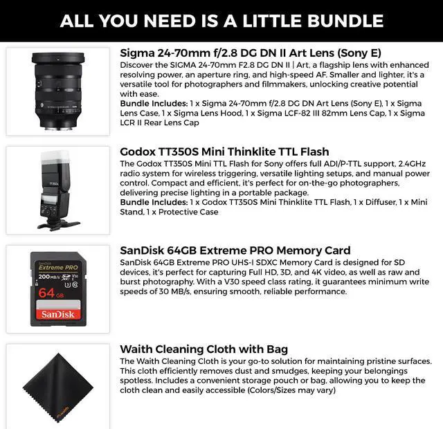 Alt view image 2 of 7 - Sigma 24-70mm f2.8 DG DN Art Lens Sony E| Full Frame Format, Six SLD Elements, Rounded 11-Blade with Godox Flash TT350S Mini, SanDisk 64GB Extreme PRO Memory Card and Waith Cleaning Cloth (Bundle Set)