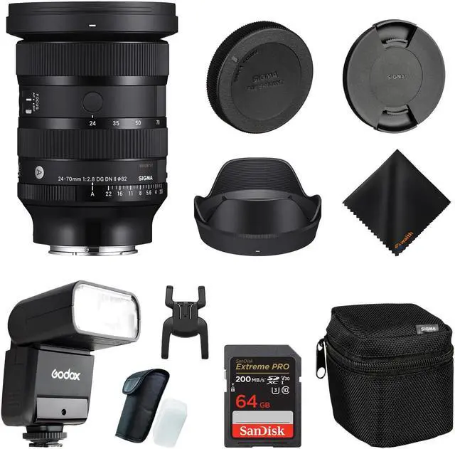 Main image of Sigma 24-70mm f2.8 DG DN Art Lens Sony E| Full Frame Format, Six SLD Elements, Rounded 11-Blade with Godox Flash TT350S Mini, SanDisk 64GB Extreme PRO Memory Card and Waith Cleaning Cloth (Bundle Set)