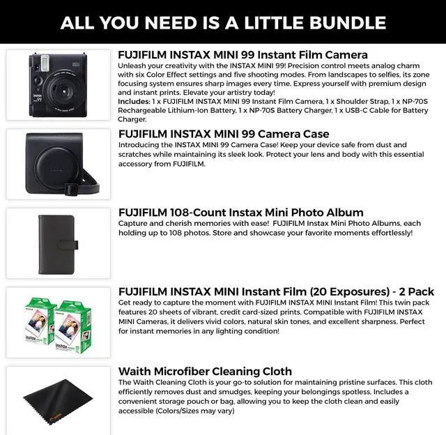 Alt view image 2 of 7 - Fujifilm Instax Mini 99 Instant Film Camera with Instax Mini 99 Camera Case, Instax Mini Photo Album, 2 Pack of Instant Film (20 Exposures) and Waith Microfiber Cleaning Cloth (Essential Bundle Set)
