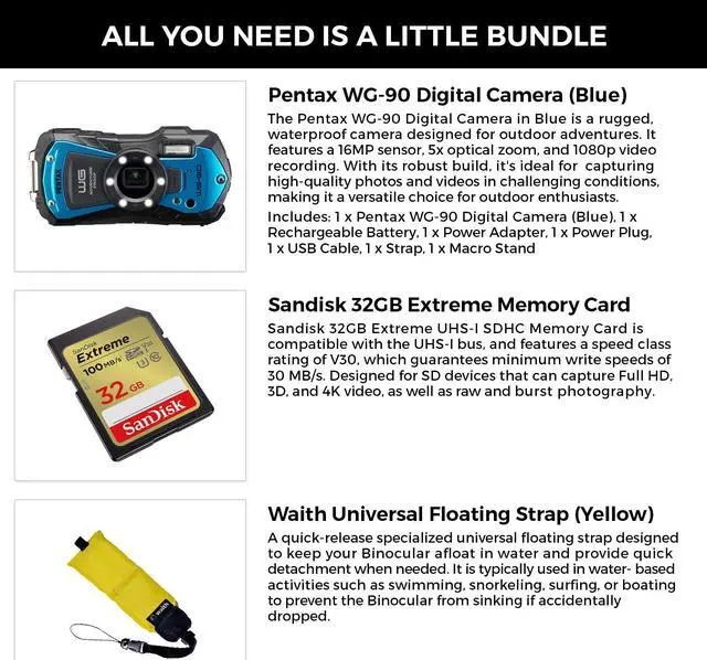 Alt view image 2 of 6 - Pentax WG-90 Waterproof Digital Camera (Blue) | 2.7" LCD Monitor with 32GB Extreme UHS-I SDHC Memory Card and Waith Camera Strap (Yellow) (Essential Bundle)