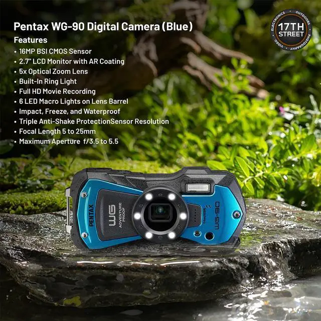 Alt view image 4 of 6 - Pentax WG-90 Waterproof Digital Camera (Blue) | 2.7" LCD Monitor with 32GB Extreme UHS-I SDHC Memory Card and Waith Camera Strap (Yellow) (Essential Bundle)
