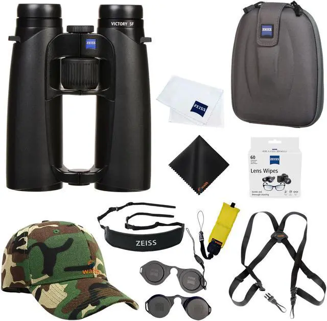 Main image of Zeiss 8x42 Victory SF Binoculars For Bird Watching (Black) with Waith Harness Strap, Waith Camo Baseball Hat, Waith Cleaning Cloth, Zeiss Lens Wipes Box and Waith Floating Strap (Yellow) (Bundle Set)
