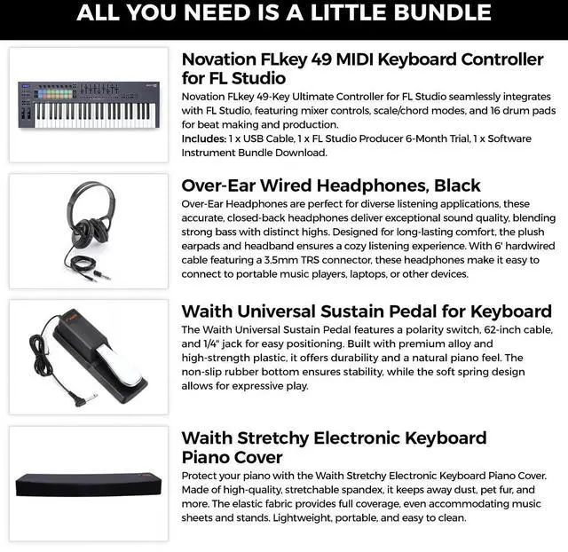 Alt view image 4 of 6 - Novation FLkey 49-Key MIDI Keyboard Controller, Headphones, Cover, Pedal Bundle