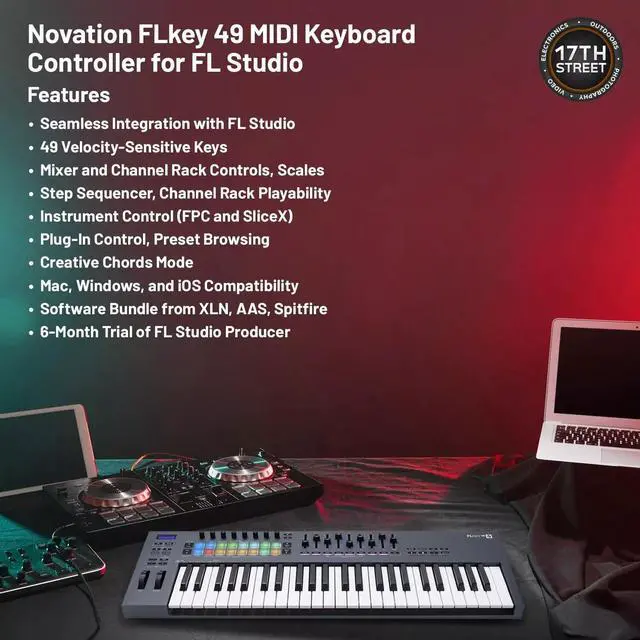 Alt view image 3 of 6 - Novation FLkey 49-Key MIDI Keyboard Controller, Headphones, Cover, Pedal Bundle
