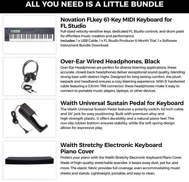 Alt view image 4 of 6 - Novation FLkey 61-Key MIDI Keyboard Controller, Headphones, Cover, Pedal Bundle