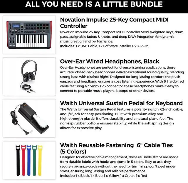 Alt view image 2 of 6 - Novation 25-Key MIDI Keyboard Controller Headphones, Cover, Cable Ties Bundle