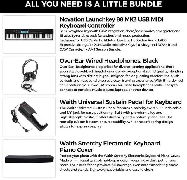 Alt view image 6 of 6 - Novation Launchkey 88Key MIDI Keyboard Controller, Headphones/Cover/Pedal Bundle