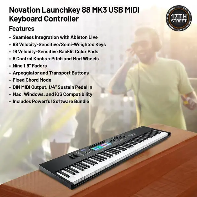 Alt view image 3 of 6 - Novation Launchkey 88Key MIDI Keyboard Controller, Headphones/Cover/Pedal Bundle