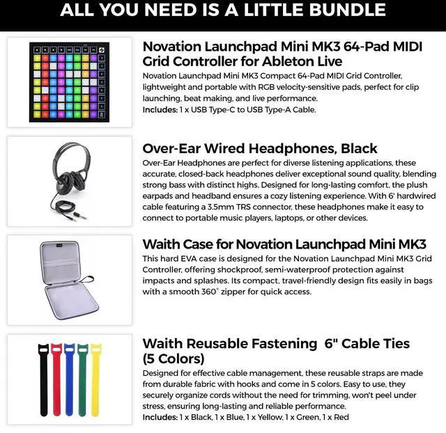 Alt view image 3 of 6 - Novation Launchpad Mini 64Pad Grid Controller, Headphones/Case/Cable Ties Bundle