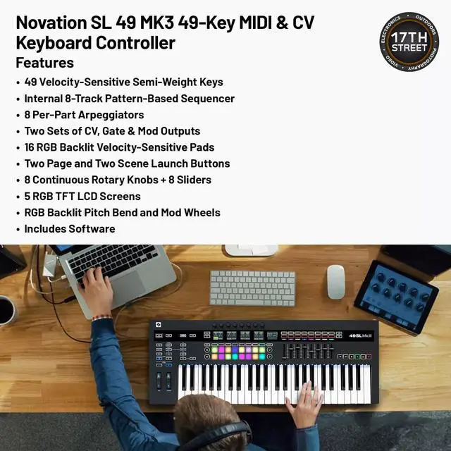 Alt view image 6 of 6 - Novation SL 49-Key MIDI & CV Keyboard Controller, Headphones/Over/Pedal Bundle