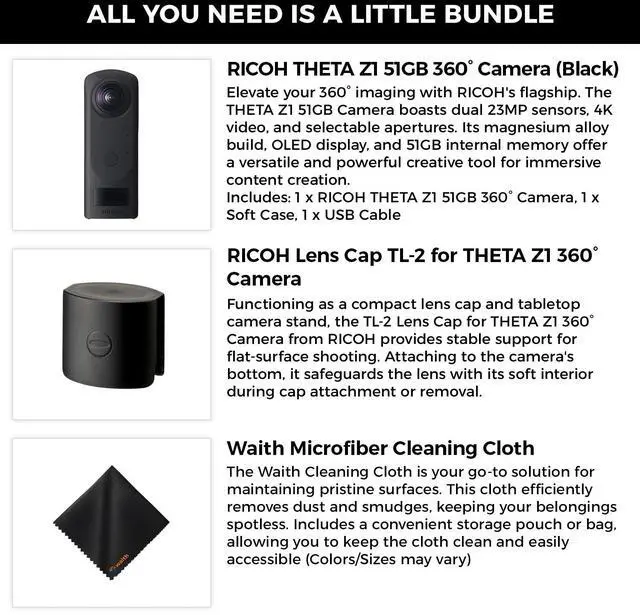 Alt view image 2 of 6 - Ricoh Theta Z1 360° 51GB Camera with Ricoh Lens Cap & Cleaning Cloth Bundle