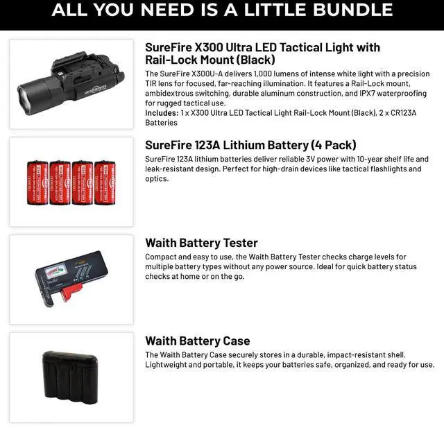 Alt view image 2 of 6 - SureFire X300 Handgun WeaponLight, Black with Batteries/Tester/Cases Bundle