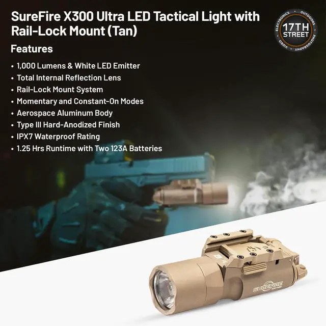 Alt view image 4 of 6 - SureFire X300U-A Ultra LED WeaponLight, Tan with Batteries/Tester/Cases Bundle