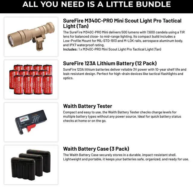 Alt view image 2 of 6 - SureFire M340C-PRO Mini Scout Light, Tan with Batteries/Tester/Cases Bundle