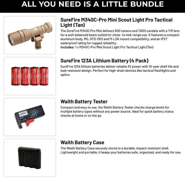 Alt view image 2 of 6 - SureFire M340C-PRO Mini Scout Light, Tan with Batteries/Tester/Cases Bundle