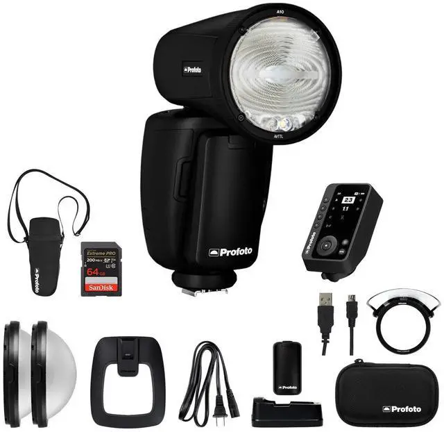 Main image of Profoto A10 Nikon Studio Light+Connect Pro Nikon Remote+Diffuser, 64GB SDXC Kit