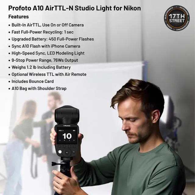 Alt view image 5 of 6 - Profoto A10 Nikon Studio Light+Connect Pro Nikon Remote+Diffuser, 64GB SDXC Kit