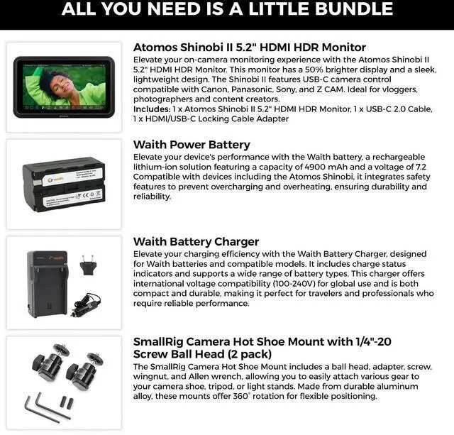 Alt view image 3 of 6 - Atomos Shinobi II 5.2" HDMI Recording Monitor, Battery, Hot Shoe, Charger Bundle