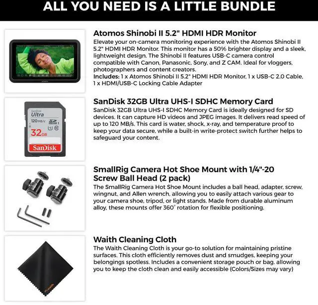 Alt view image 3 of 6 - Atomos Shinobi II 5.2" HDMI 4K Recording Monitor, Hot Shoe, 32GB, Cloth Bundle