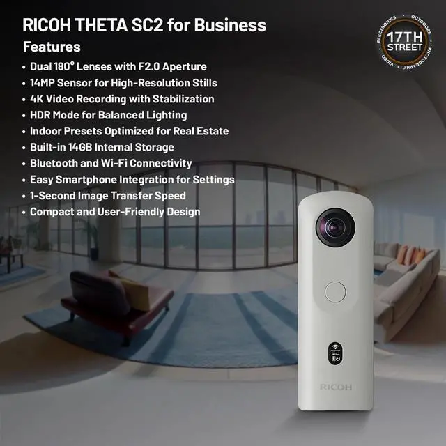 Alt view image 4 of 6 - RICOH THETA SC2 360° Business Camera, 4K Video & Photo, Soft Case & Cloth Bundle