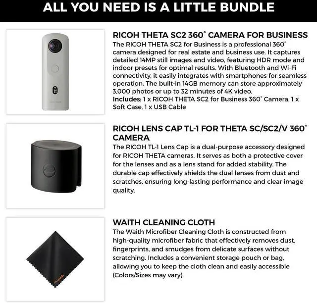 Alt view image 2 of 6 - RICOH THETA SC2 360° Business Camera, 4K Video & Photo, Soft Case & Cloth Bundle