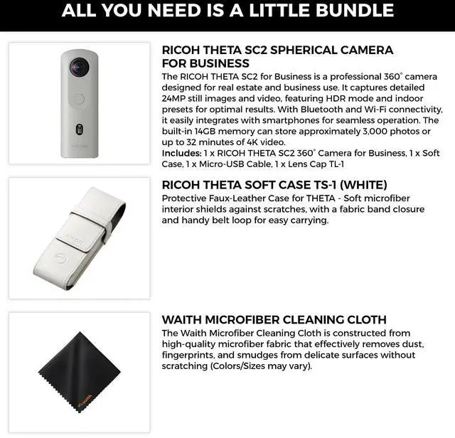 Alt view image 2 of 6 - RICOH THETA SC2 360° Business Camera, 4K Video & Photo, Soft Case & Cloth Bundle