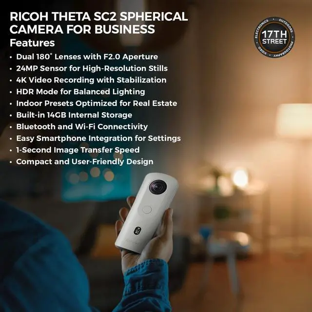 Alt view image 4 of 6 - RICOH THETA SC2 360° Business Camera, 4K Video & Photo, Soft Case & Cloth Bundle