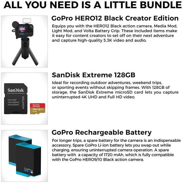 Alt view image 2 of 7 - GoPro HERO12 Black Creator Edition with 2 Battery + 128GB Memory Card Bundle