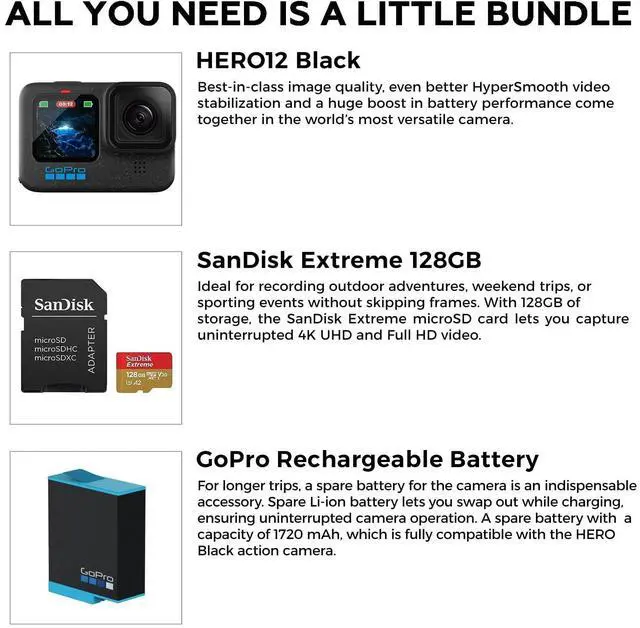 Alt view image 2 of 7 - GoPro HERO12 Black Action Camera with 128GB Memory Card and Battery Bundle