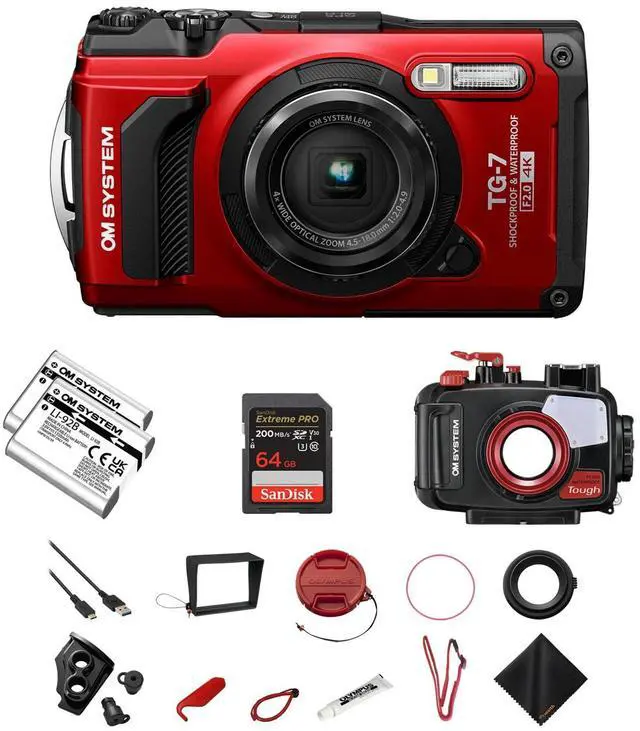 Main image of OM SYSTEM Tough TG-7 Red Digital Camera+PT-059+Extra LI-92B Battery+64GBCard Set