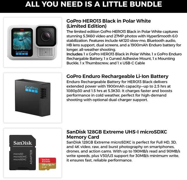 Alt view image 2 of 6 - GoPro Limited Edition HERO13 Black-Polar White+GoPro Battery+128GB M-Card Bundle