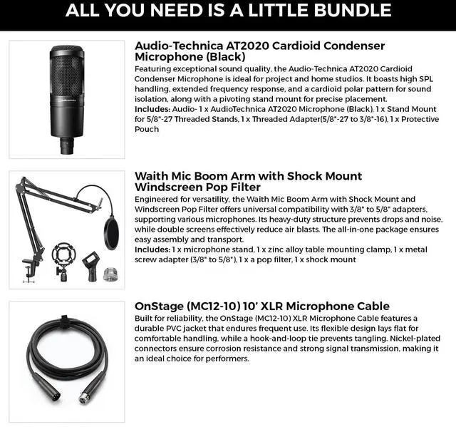 Alt view image 2 of 6 - Audio-Technica AT2020 Studio XLR Black Microphone+Mic Boom Arm+OnStage Cable Kit