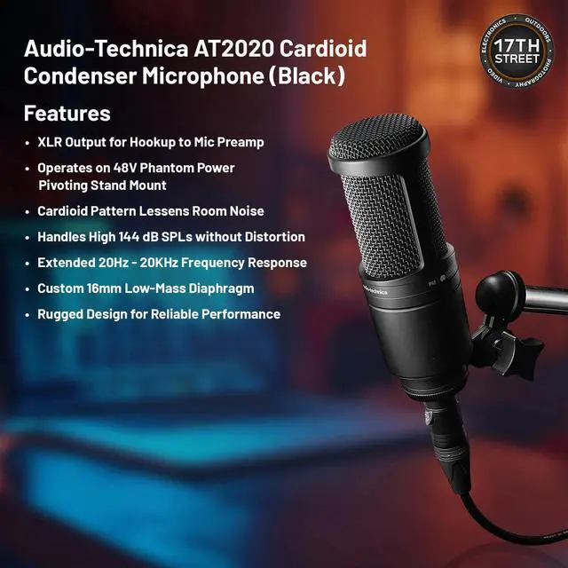 Alt view image 4 of 6 - Audio-Technica AT2020 Studio XLR Black Microphone+Mic Boom Arm+OnStage Cable Kit