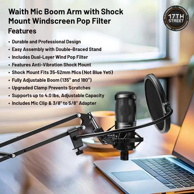 Alt view image 5 of 6 - Audio-Technica AT2020 Studio XLR Black Microphone+Mic Boom Arm+OnStage Cable Kit