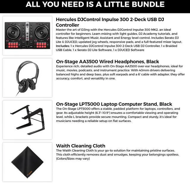 Alt view image 2 of 6 - Hercules DJControl Inpulse 300-2-Deck DJ Controller+Headphones+Laptop Stand Kit